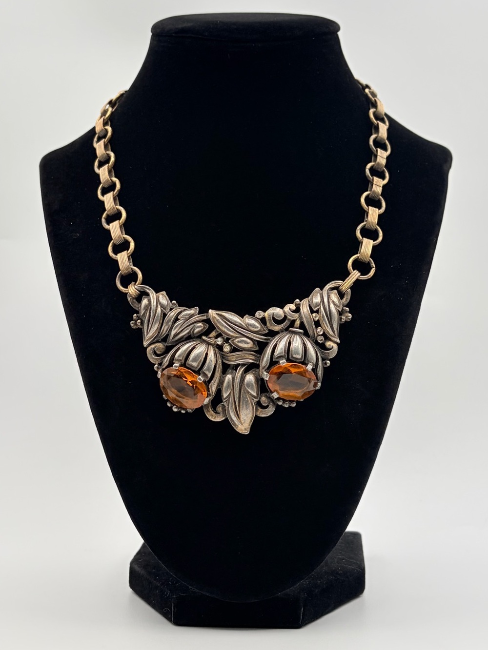 Vintage Gold Tone & Silver Tone Amber Glass Statement Necklace